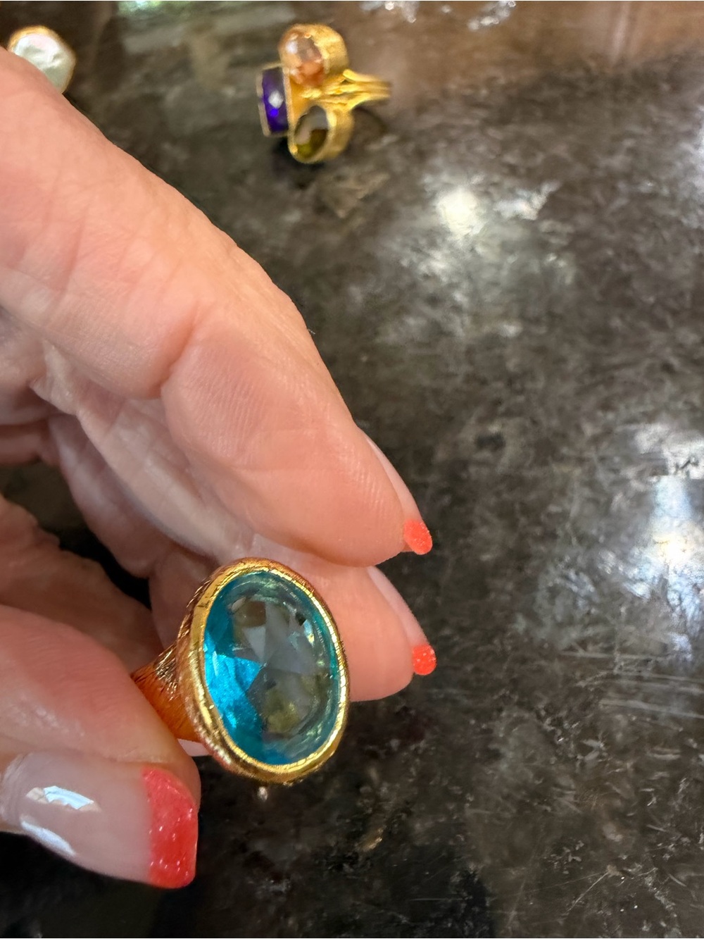 Gold Ring with Teal Oval Crystal